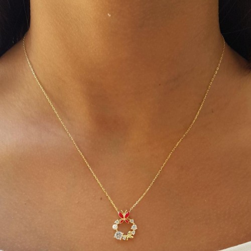 CNG Jewels - Tasarım Taşlı İncili Kırmızı Kelebek Gümüş Bayan Kolye