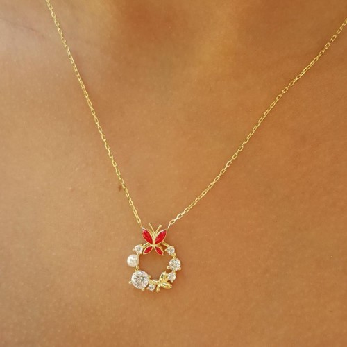 Tasarım Taşlı İncili Kırmızı Kelebek Gümüş Kadın Kolye - 2