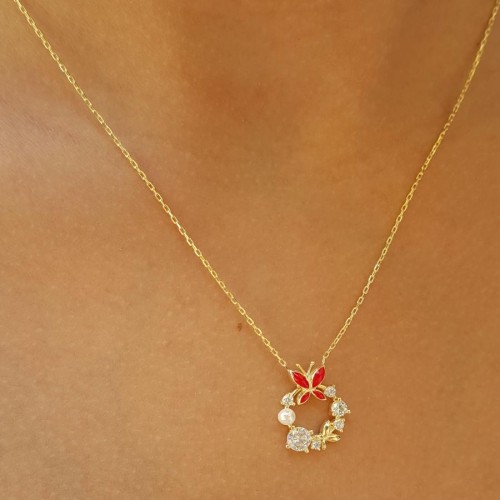 Tasarım Taşlı İncili Kırmızı Kelebek Gümüş Kadın Kolye - 3