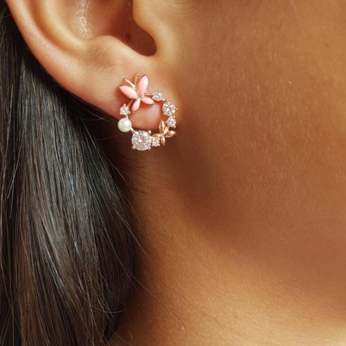 Tasarım Taşlı İncili Pembe Kelebek Gümüş Kadın Küpe - 2