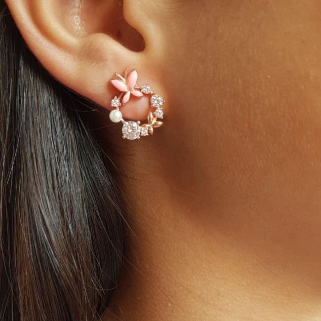 Tasarım Taşlı İncili Pembe Kelebek Gümüş Kadın Küpe - 2