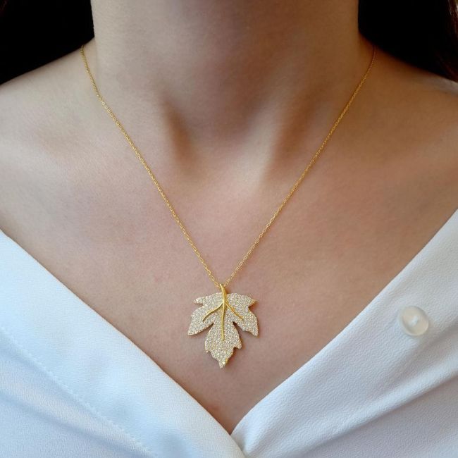 Tasarım Çınar Yaprağı Gümüş Kadın Kolye - 2