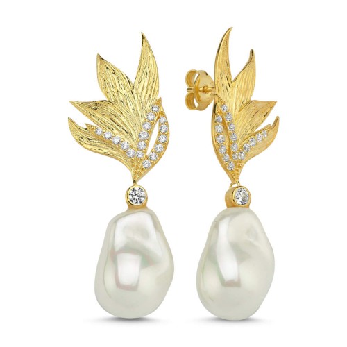 CNG Jewels - Tasarım Yaprak Sallantılı Amorf İnci Kadın Gümüş Küpe