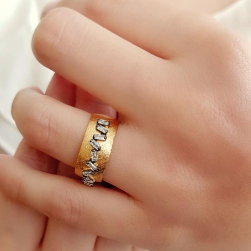 Tasarım Zikzak Baget Taşlı Gold Kadın Gümüş Yüzük - 3