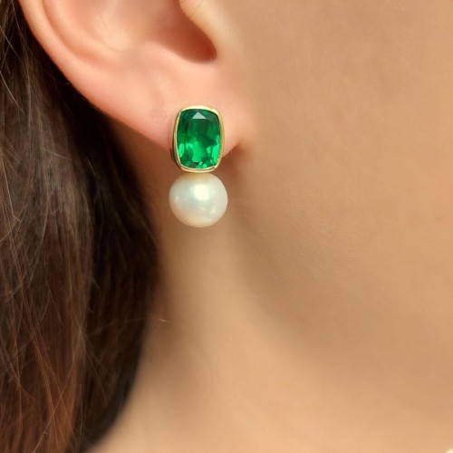 CNG Jewels - Tasarım Zümrüt Yeşili Doğal Kuvars Ve İncili Gümüş Kadın Küpe