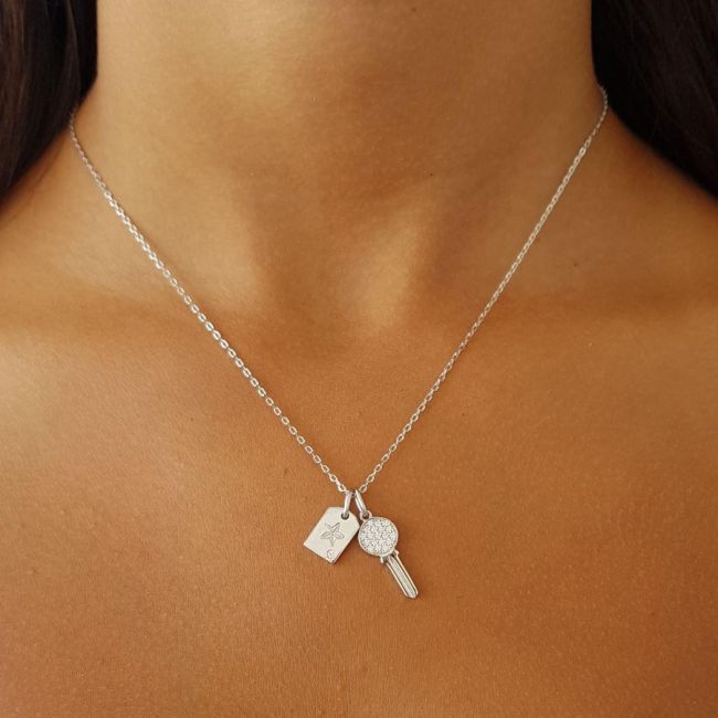 Taşlı Anahtar Kilit Gümüş Kadın Kolye - 1