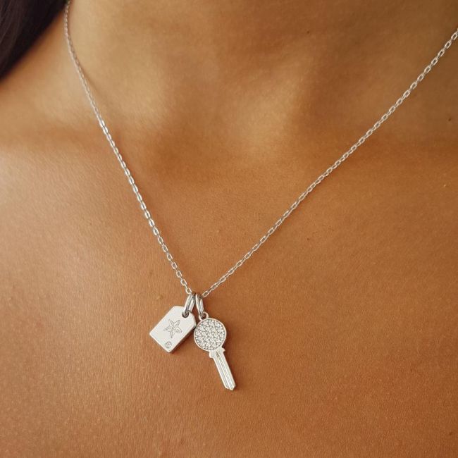 Taşlı Anahtar Kilit Gümüş Kadın Kolye - 2