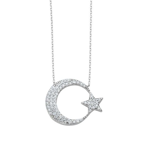 CNG Jewels - Taşlı Ay Yıldız Gümüş Bayan Kolye