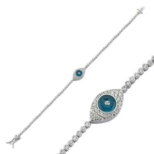 Stone Almond Glass Eye Women's Waterway Silver Bracelet - CNG Jewels