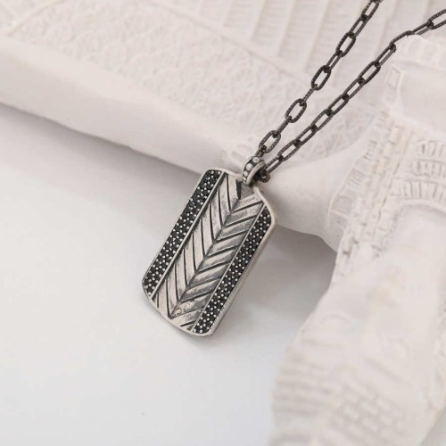 Taşlı Başak Desenli Plaka Uzun Zincirli Gümüş Erkek Kolyesi - CNG Jewels