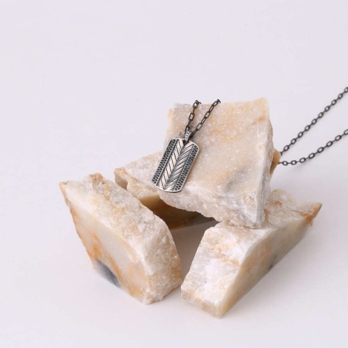 Taşlı Başak Desenli Plaka Uzun Zincirli Gümüş Erkek Kolyesi - CNG Jewels (1)