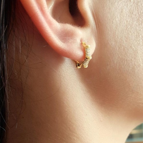 Taşlı Çivili Halka Gold Gümüş Kadın Küpe - 1