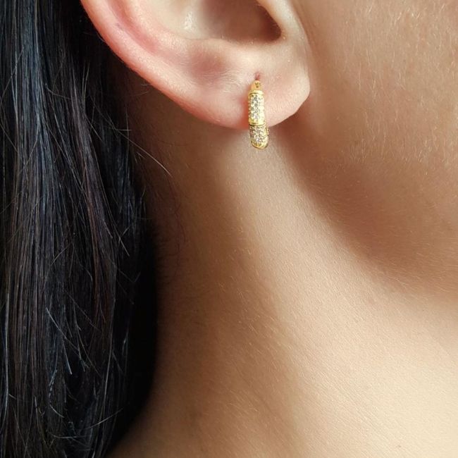 Taşlı Çivili Halka Gold Gümüş Kadın Küpe - 2