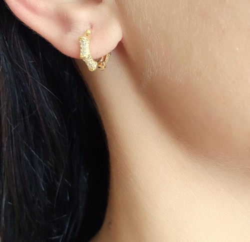 Taşlı Çivili Halka Gold Gümüş Kadın Küpe - 3