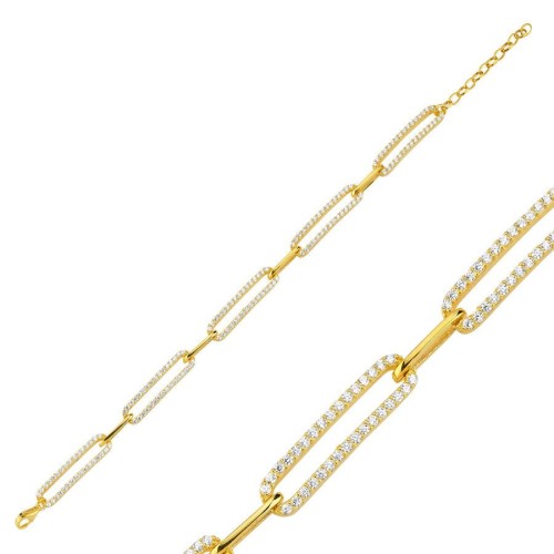 CNG Jewels - Taşlı Dikdörtgen Parçalı Gold Gümüş Kadın Bileklik