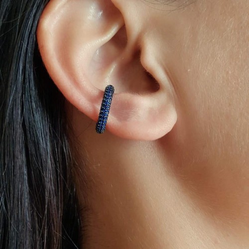 Taşlı Halka Safir Taşlı Kıkırdak Gümüş Kadın Küpe - 1