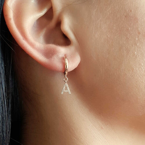 Taşlı Harf Sallantılı Gümüş Halka Küpe - 2