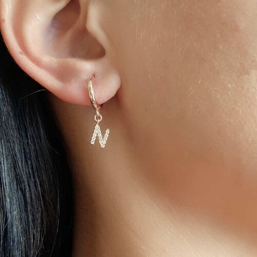 Taşlı Harf Sallantılı Gümüş Halka Küpe - 3