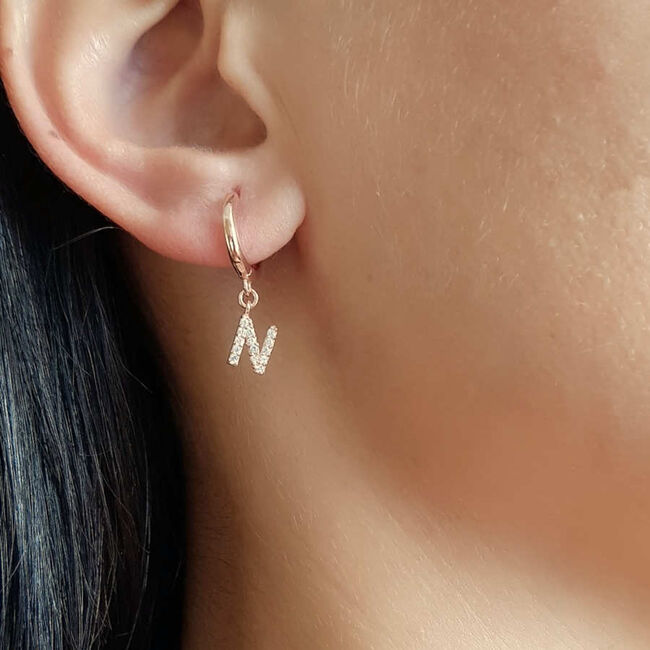 Taşlı Harf Sallantılı Gümüş Halka Küpe - 3