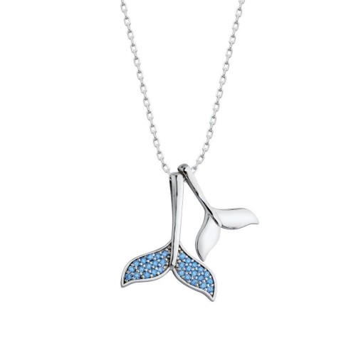 Stoned Double Whale Tail Women's Silver Necklace - CNG Jewels