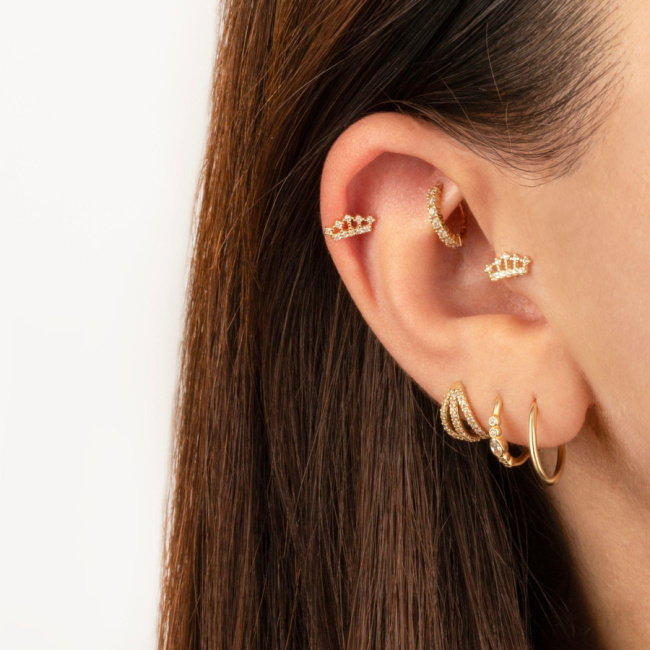 Taşlı Kraliçe Tacı Altın Tragus Piercing - 2