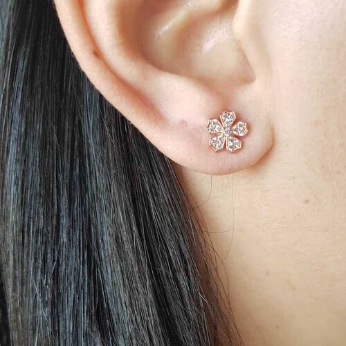 CNG Jewels - Taşlı Küçük Çiçek Rose Gümüş Küpe