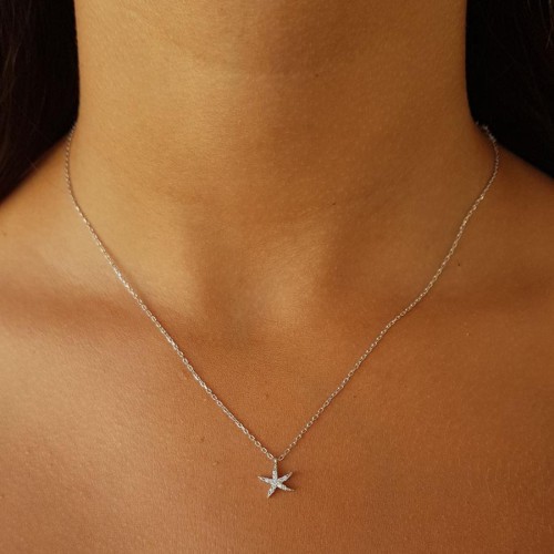 Taşlı Küçük Deniz Yıldızı Gümüş Kadın Kolye - 2