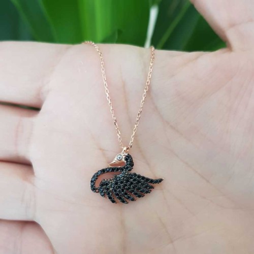 Taşlı Kuğu Kadın Gümüş Kolye - 2