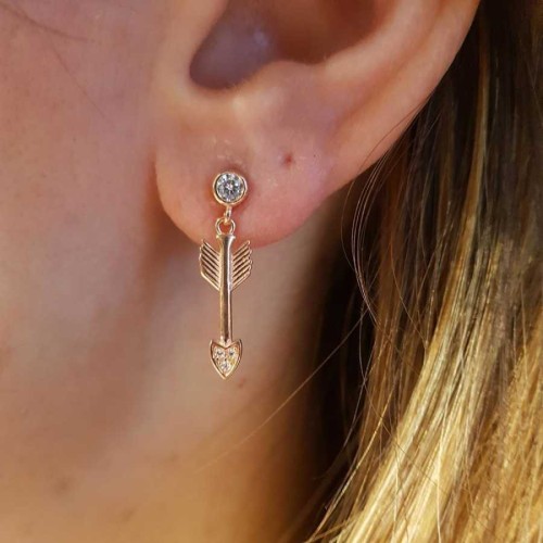 Taşlı Ok Rose Gümüş Kadın Küpe - 2