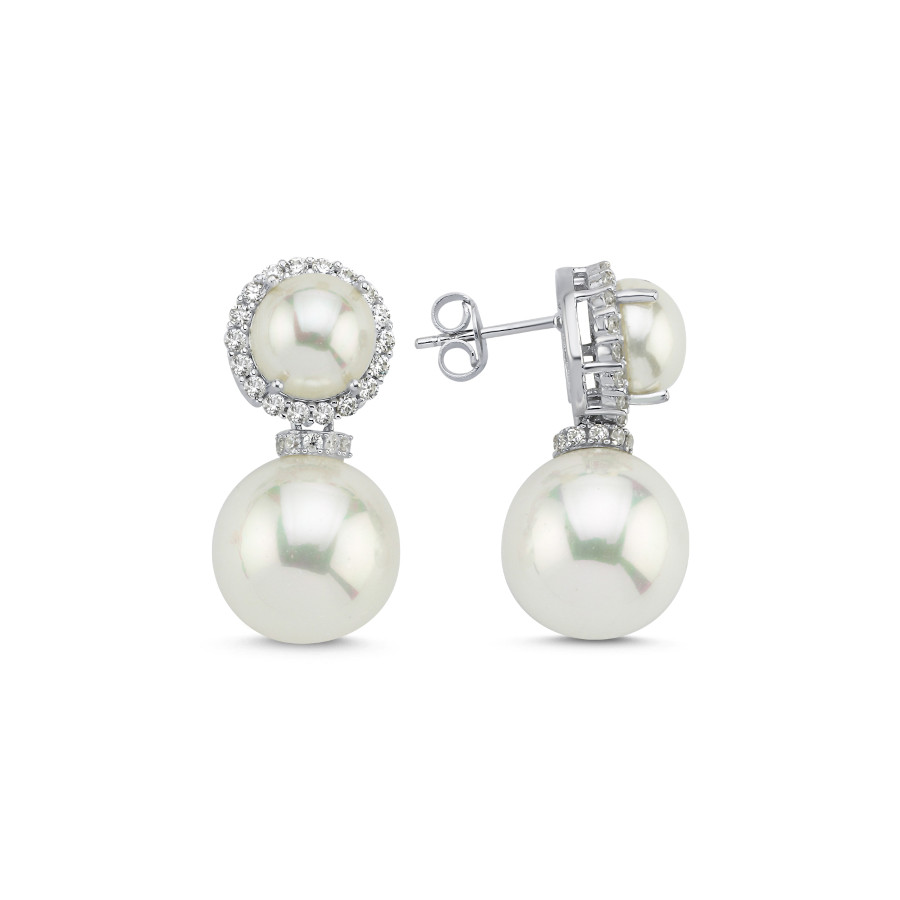Stone Dangle Ball Pearl Women's Silver Earrings - CNG Jewels