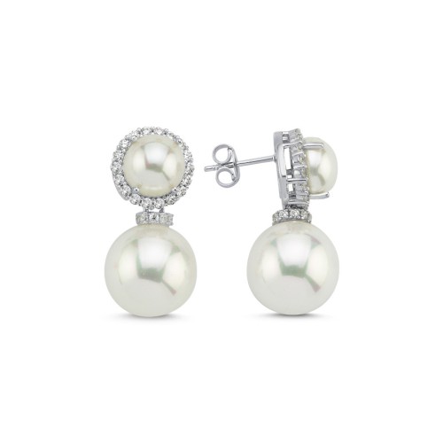 Stone Dangle Ball Pearl Women's Silver Earrings - CNG Jewels