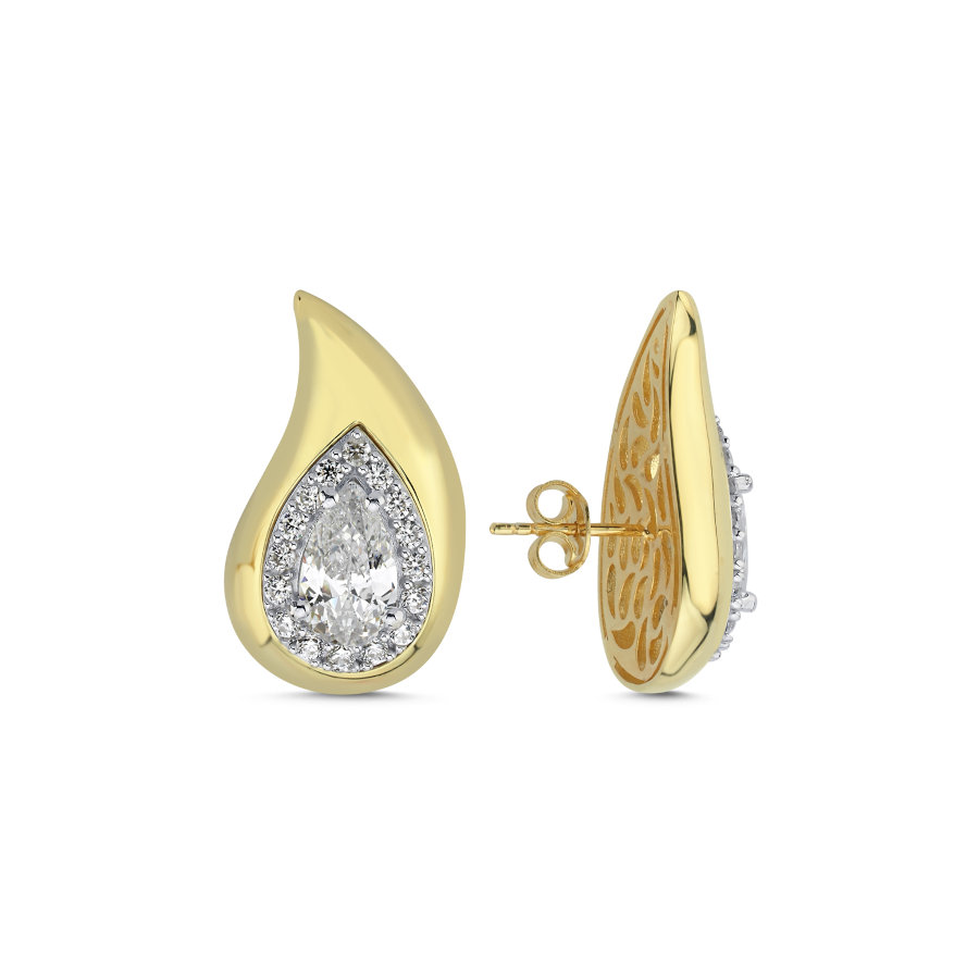 Taşlı Tasarım Su Damlası Gold Kadın Gümüş Küpe - CNG Jewels