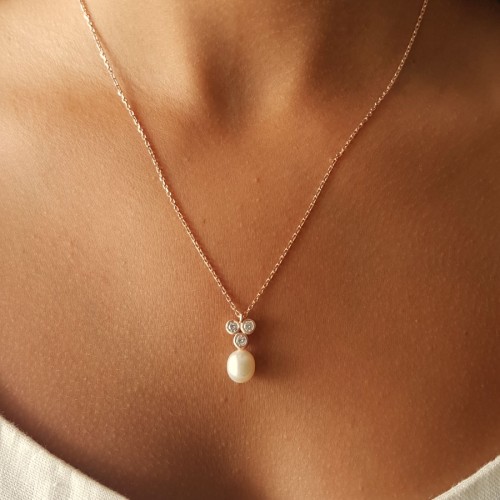 Taşlı Tria Damla Gerçek İnci Rose Gümüş Kolye - 2