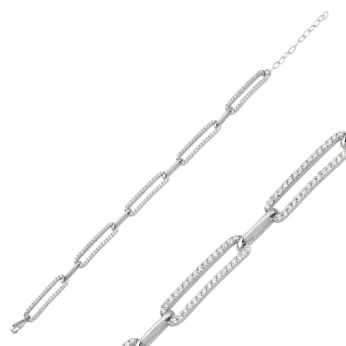 Long Paperclip Chain Silver Bracelet with Stones - CNG Jewels