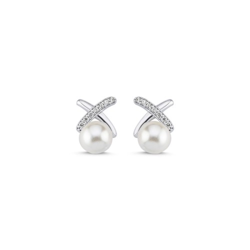 Taşlı X Minimal Gümüş İnci Küpe - 1