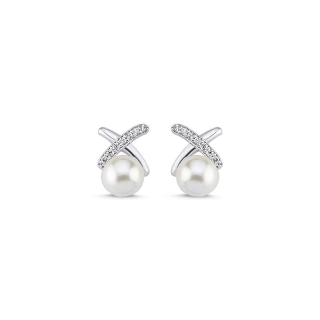 Taşlı X Minimal Gümüş İnci Küpe - 1