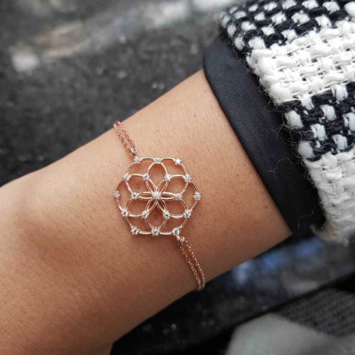 Taşlı Yaşam Çiçeği Rose Kadın Gümüş Bileklik - CNG Jewels