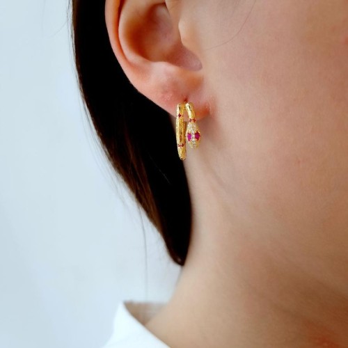 Taşlı Yılan Gümüş Halka Küpe - 1