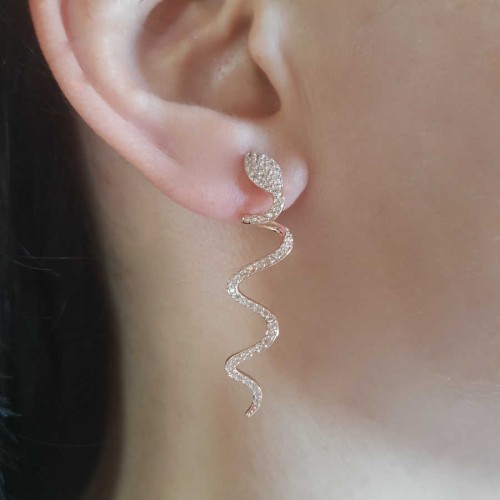 Snake Rose Silver Women's Earrings with Stones - 1