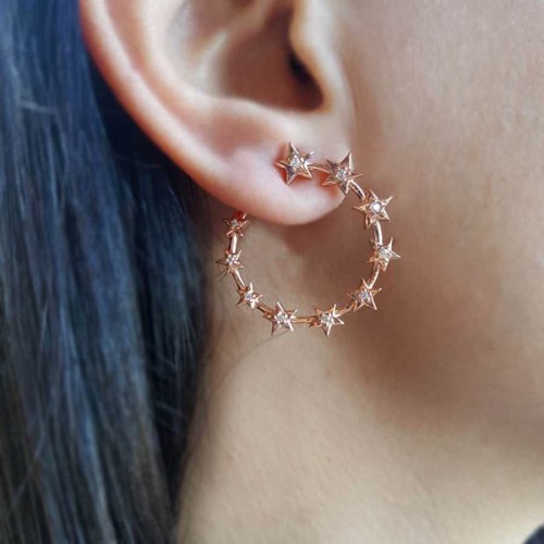 Taşlı Yıldız Çember Rose Gümüş Küpe - 1