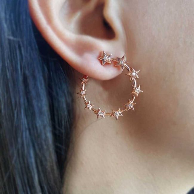 Taşlı Yıldız Çember Rose Gümüş Küpe - 1