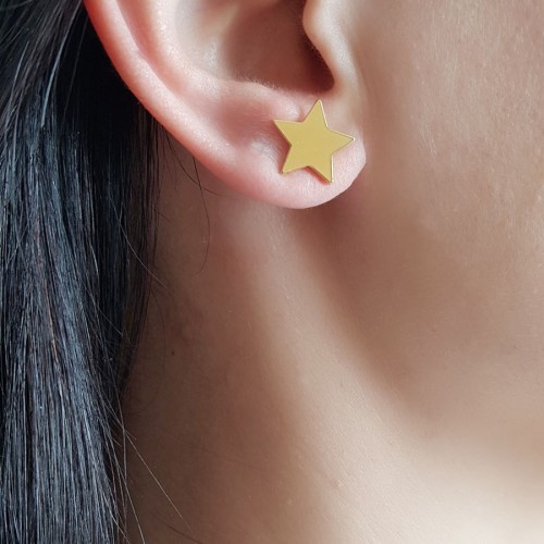 Taşsız Parlak Gold Rengi Yıldız Gümüş Kadın Küpe - 1