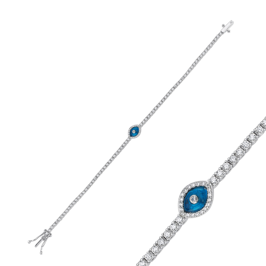 Single Almond Glass Eye Silver Waterway Bracelet - CNG Jewels