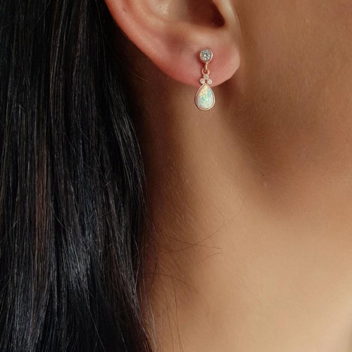 CNG Jewels - Tektaş Sallantılı Damla Beyaz Opal Rose Gümüş Bayan Küpe