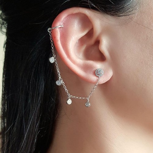 CNG Jewels - Tektaş Zincir Araları Taşlı Kıkırdak Cuff Gümüş Bayan Küpe
