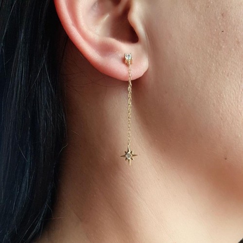 Tektaş Zincirli Kutup Yıldızı Gold Gümüş Kadın Küpe - 1