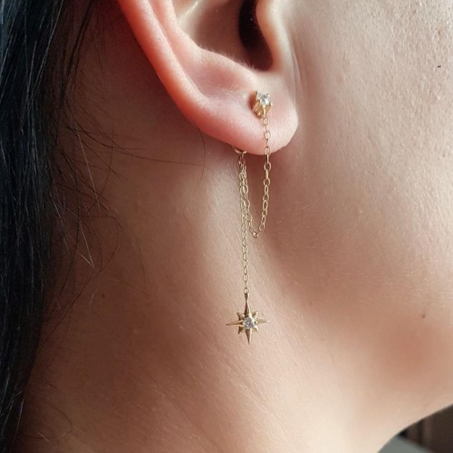 Tektaş Zincirli Kutup Yıldızı Gold Gümüş Kadın Küpe - 2