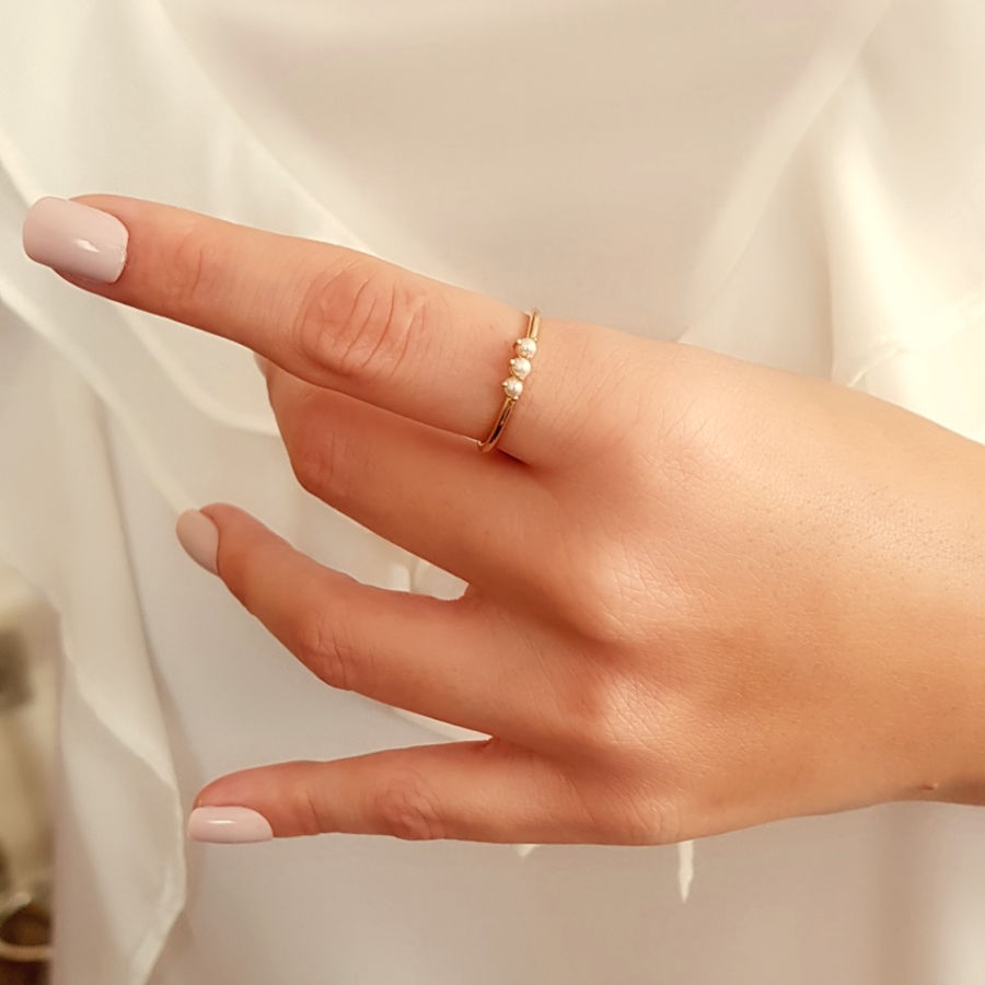 Minimal Three Pearl 14K Gold Ring - 3