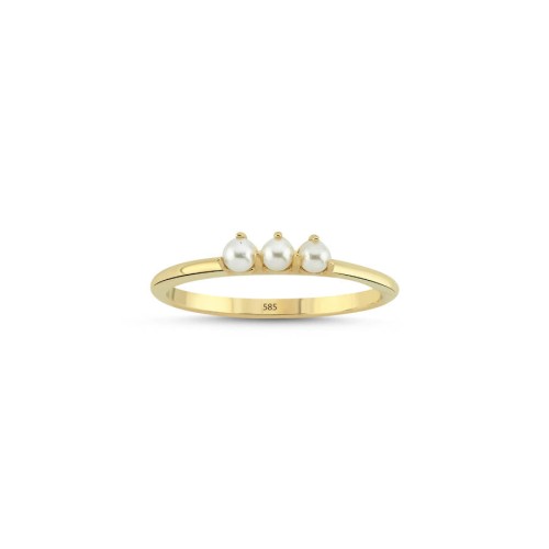 Thin Trend Gold Ring with Small Three Pearls - Thumbnail