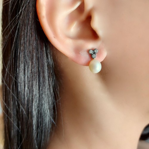 Tria Doğal İncili Elmas Model Gümüş Kadın Küpe - 2